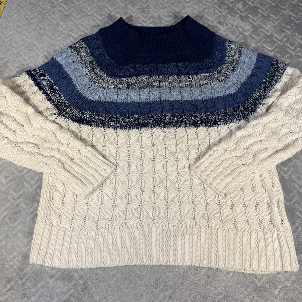 Chaps Women's Cable Knit Sweater XL Blue White Striped Mock Neck Pullover